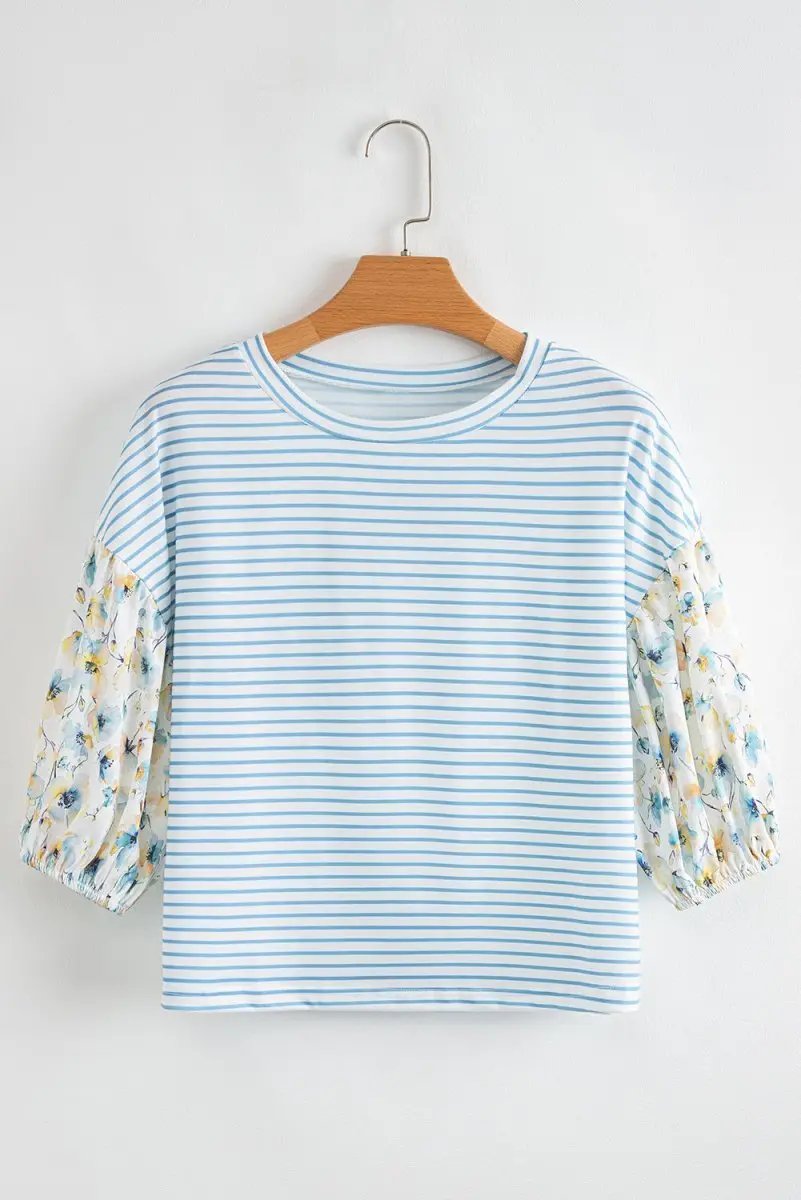 Sky Blue Stripe Three Quarter Floral Puff Sleeve Patchwork Drop Shoulder Top - Love Salve